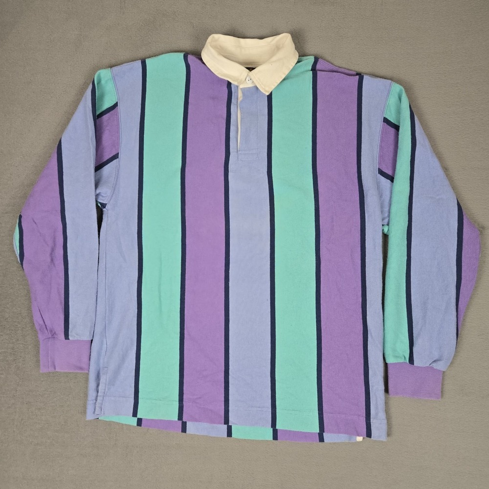 Lands End Rugby Shirt Mens Small Blue Purple Vertical Striped Long Sleeve VTG - Picture 2 of 8